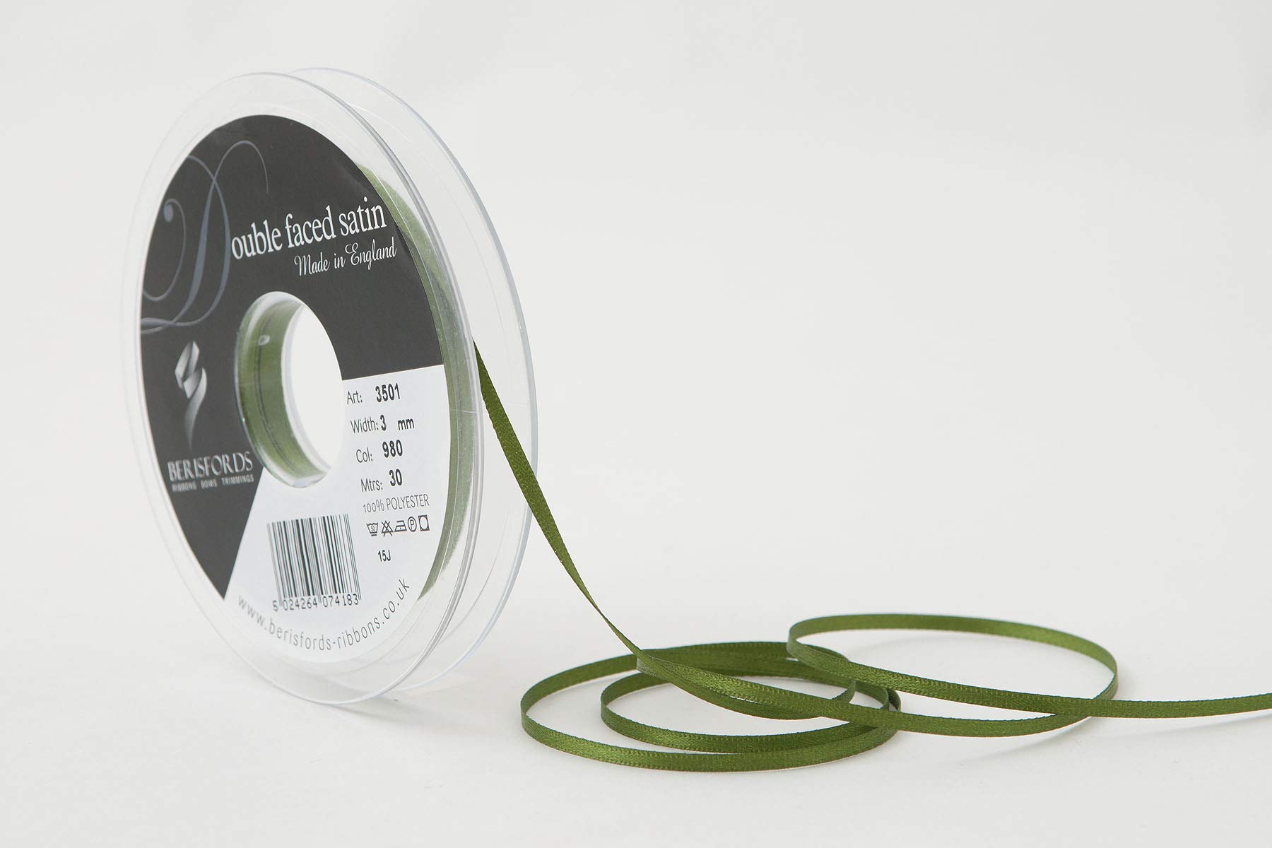Berisfords Double FACE Poly Satin Ribbon, Cypress, 3 mm