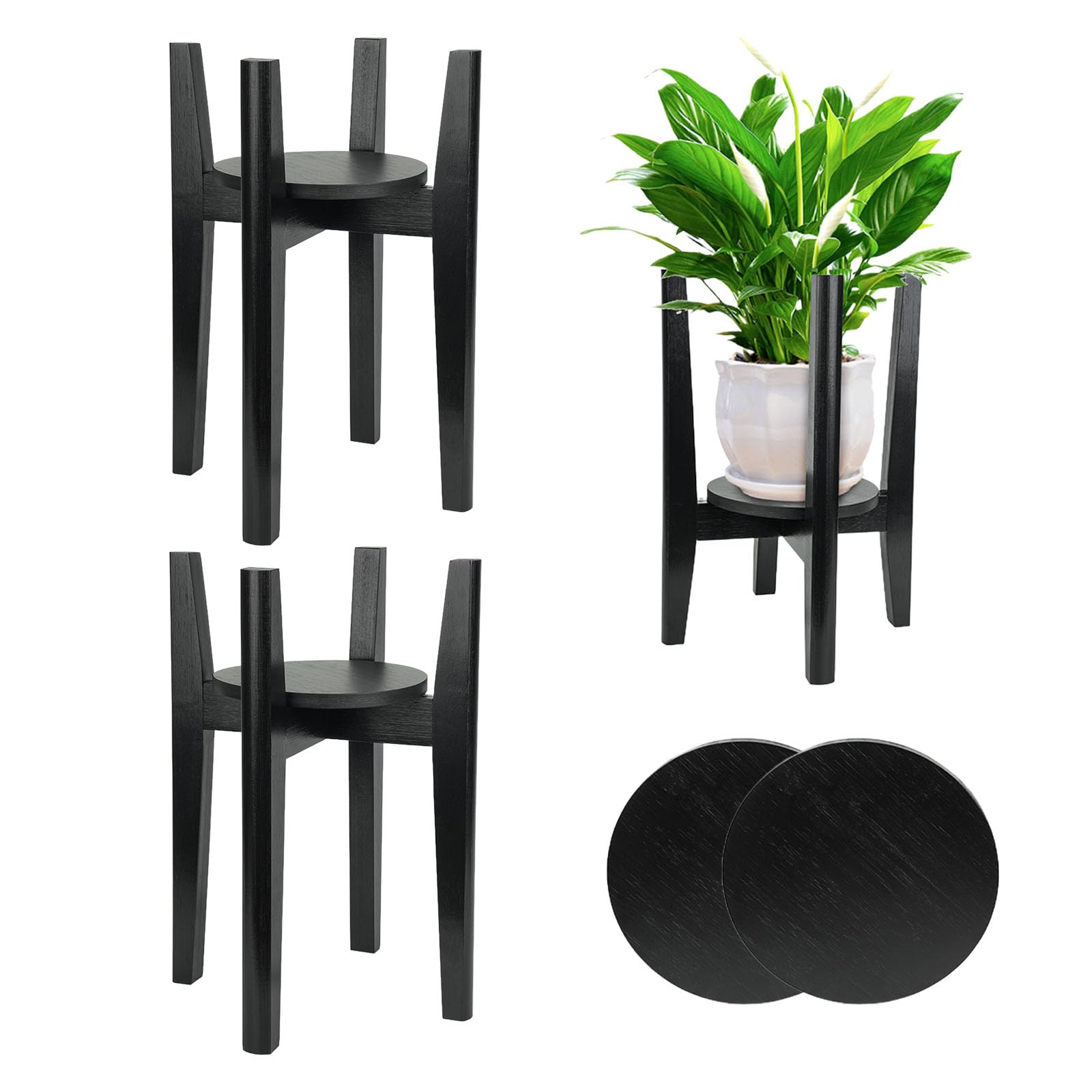 Photo 1 of 2 Packs Adjustable Plant Stand with Tray,Indoor Wood Plant Stand Fit 8'' to 12'' Planter,Mid Century Modern Flower Pot Holder Rack(Plant and Pot Not Included) Black
