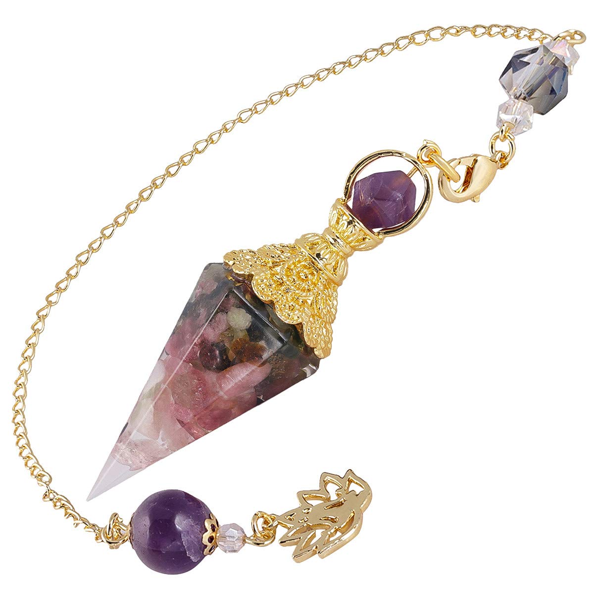 Nupuyai Tourmaline Healing Crystal Point Dowsing Pendulum for Divination Scrying, Resin Chip Stone Faceted Hexagonal Pendulum with Chain