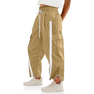WIFFGO Cargo Wide Leg Pants Baggy Stripes Athletic Cropped Ankle Multi 5 Pockets Drawstring Casual Y2K Barrel Pants