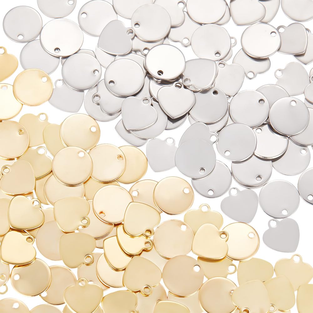 UNICRAFTALE about 160Pcs 2 Styles 2 Colors Stainless Steel Cut Charms Metal Heart Flat Round Blank Stamping Tags Small Dainty Charms Dangle Charm for DIY Necklace Earring Jewelry Making