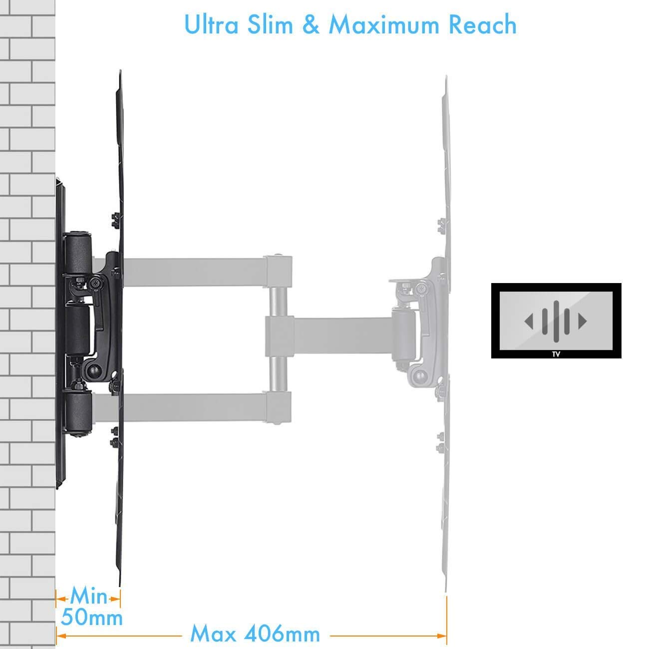 Perlegear TV Wall Mount Bracket - Extends 16” & Swivels - TV Mount fits 23”-55” TVs, Holds up to 66lbs, Slim Appearance - Bonus 10ft HDMI Cable, Concrete Anchors Plus More