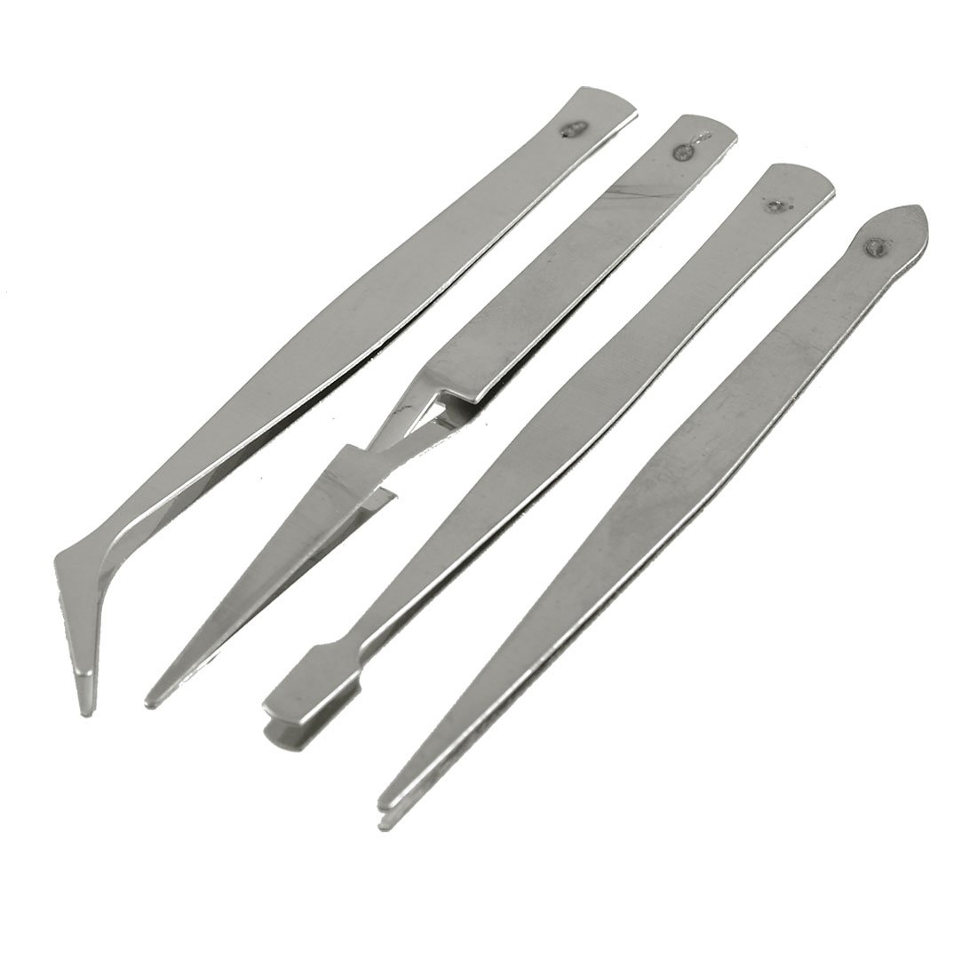Sourcingmap 4 Pcs Silver Tone Straight Flat Curved Cross Action Tweezers Tools