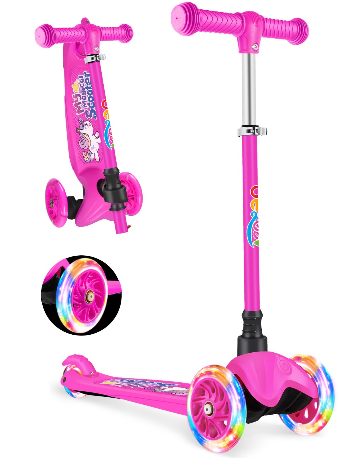 BELEEV 3-Wheel Scooter for Kids Age 2-6, Scooter for Toddlers Girls Boys Children, Adjustable Height, Lean to Steer, Light Up Wheels, Extra-Wide Deck(CARTOON PINK)
