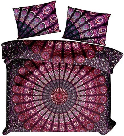 Stylish 100% Cotton Bohemian Mandala Bedding Quilt Cover Bed Sheet Indian Tie Dye Print Wall Hanging Bedroom Living Room Decor Pillow Case Set Table Cloth (Pink & Purple)
