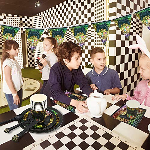 Video Game Party Supplies, Angela&Alex 169 Pieces 24 Guests Gaming of Themed Party Birthday Banner Round Plates Cups Napkins Dessert Plate Forks Knives Spoons Game On Supplies Decor