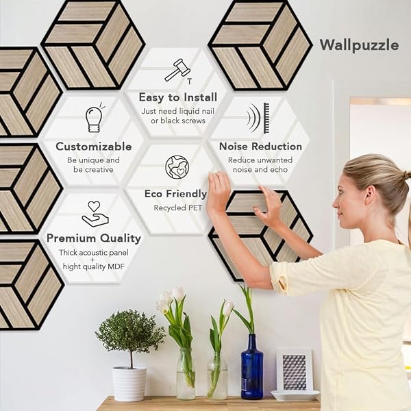 URBAN DECOR ACOUSTIC SLAT WALL FOAM PANELS (5PIECES HEXAGON IN OAK COLOR) FOR 3D WOOD WALL DECOR, COOL ROOM ACCESSORIES, ACOUSTIC DAMPENING, MENS ROOM DECOR, GAMING AREAS, TV WALLS AND MORE