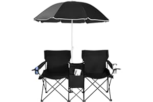 Goplus Double Camping Chair with Umbrella, Folding Loveseat Chairs w/Canopy Shade, Carrying Bag, Table, Cup Holder, Portable Beach Chairs Outdoor Picnic Patio (Black)