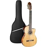 WishMade Thin Body Acoustic Electric Classical Nylon Guitar Beginner Adult | Spruce top, Sapele back and sides, thin body with 2-band EQ and tuner for amplified flamenco, includes padded gig bag