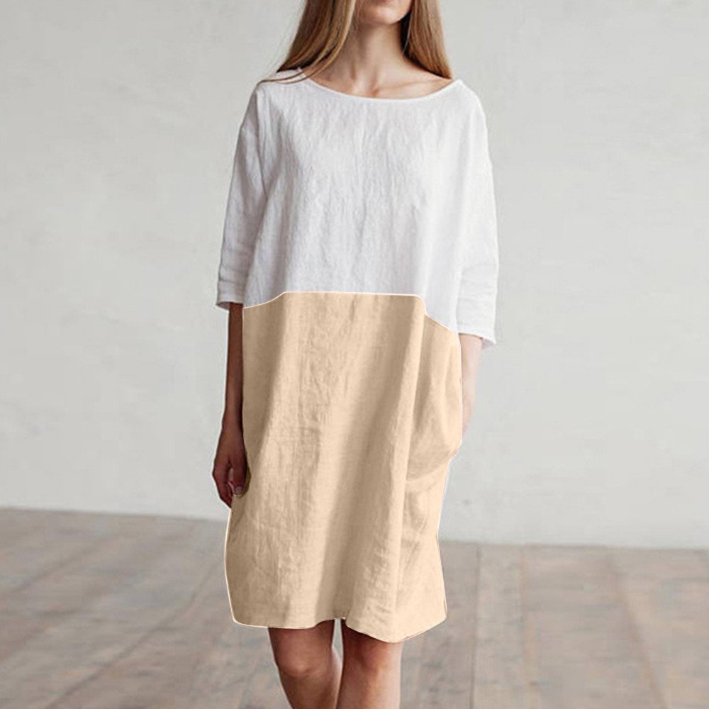 POTO Women Dresses, Loose Color Stitching Casual Dresses with Pockets Cotton Linen Tunic Dress Party Dress Beach Dress