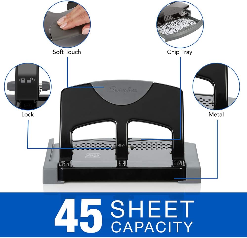 Swingline 3 Hole Punch, Desktop Hole Puncher 3 Ring, SmartTouch Metal Paper Punch, Home Office Supplies, Portable Desk Accessories, 20 Sheet Punch Capacity, Low Force, Black/Gray (74133) : Paper Punches : Office Products