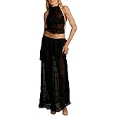 Womens Y2k Maxi Skirt Set Backless Lace Halter Crop Top and Long Skirt Sets Beach Cocktail Club Dress 2 PCS Outfit