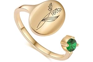 SLOONG Handmade Birth Month Flower Signet Ring 14K Gold Plated Ring Birth Stone Ring Birthday Valentine's Christmas Gift for Mom Daughter Girlfriend Wife