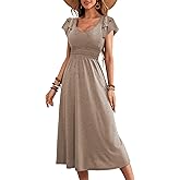 Dokotoo Women's Ruffle Short Sleeve High Waisted Midi Dress 2025 Spring Summer Casual Crewneck A-Line Dress