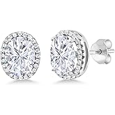 Gem Stone King 4.68 Cttw White Moissanite Stud Halo Earrings For Women | 925 Sterling Silver | Oval 9X7MM
