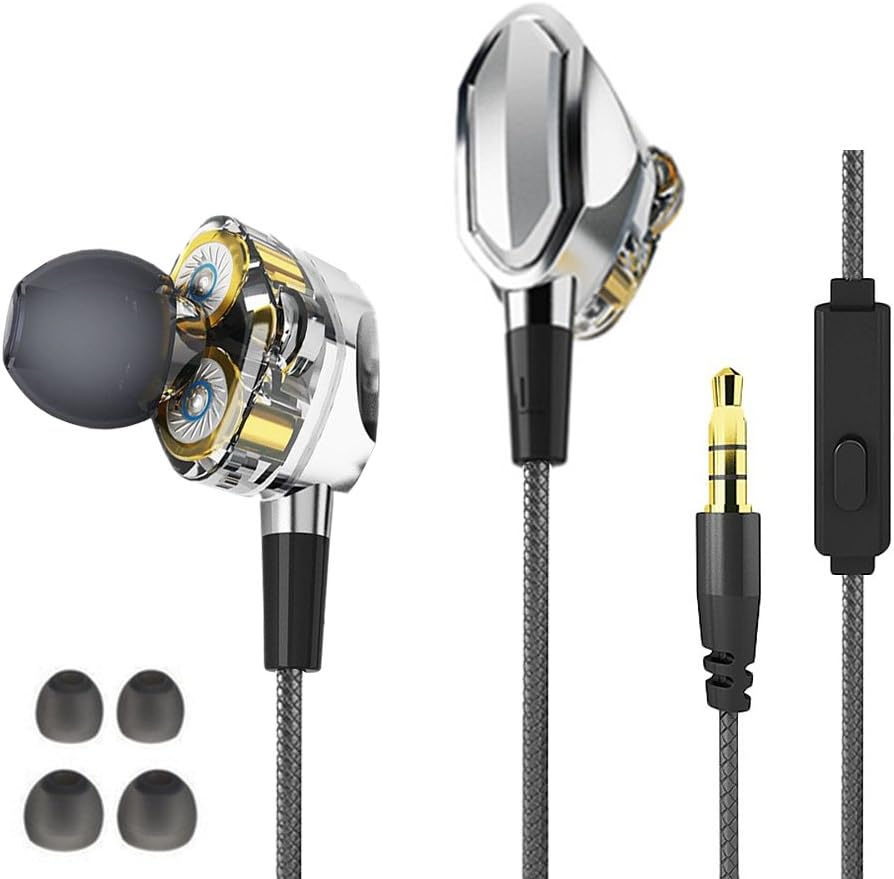 Dual Driver Earphones, collee Super Bass Noise Isolation Danamic HiFi 3.5mm Sport in-Ear Earbuds Earphones with Microphone Volume Controls (Silver)