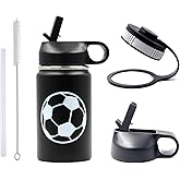 12 oz Soccer Water Bottle with Straw, Sports Flask Metal Travel Tumbler with 2 Lids, BPA Free Stainless Steel Double Wall Vacuum Insulated Leak Proof Thermo Water Bottles, Soccer Gifts for Boys Girls
