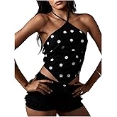 MakeMeChic Women's Halter Crop Tops Polka Dots Tie Backless Hanky Hem Y2k Summer Tank