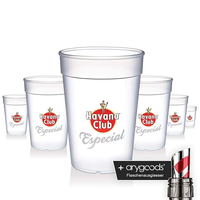 6 x Havana Club Glas Gläser Especial Kunststoff Becher Gastro Bar NEU + anygoods Flaschenausgiesser