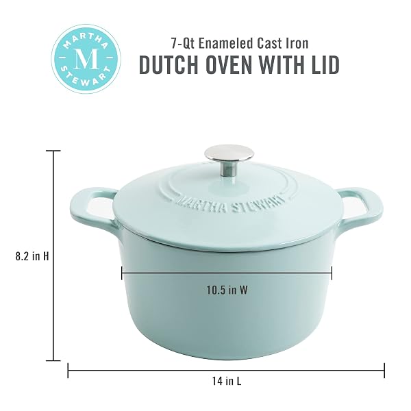 MARTHA STEWART GATWICK 7-QUART ENAMEL CAST IRON DUTCH OVEN – MARTHA BLUE – DURABLE HEAVY-DUTY DUTCH OVEN FOR SLOW COOKING, BRAISING & BAKING