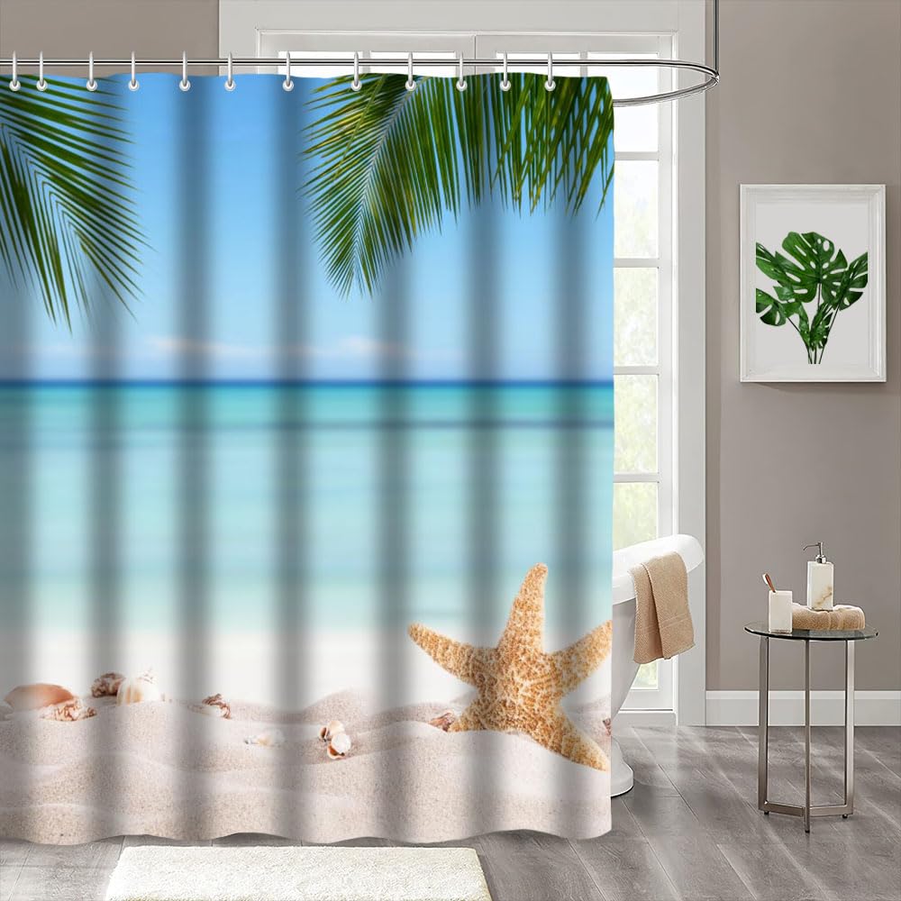 MEHOFOND Summer Beach Shower Curtain Seashell Starfish Sand Palm Leaves Blue Sky Beach Shower Curtain Waterproof Polyester Fabric Shower Curtain Set with Hooks Bathroom Decoration 72"x72"