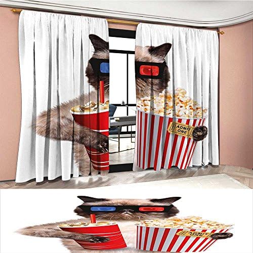 Littletonhome Movie Theater Decor Patterned Drape For Glass Door Cat with Popcorn and Drink Watching Movie Glasses Entertainment Cinema Waterproof Window Curtain Multicolor