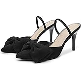 CAMSSOO Womens Bow Heels Slingback Pumps Suede Closed Pointed Toe Kitten Heel Mules with Strap Stiletto Slip On Dress Shoes