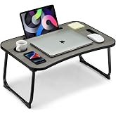 VIFOCAE Foldable Lap Desk, Laptop Bed Desk, Portable Lap Table, Laptop Bed Table with Cup Holder &amp; Tablet Slot &amp; Lifting Handle for Working Writing Drawing &amp; Eating - Gray Wood