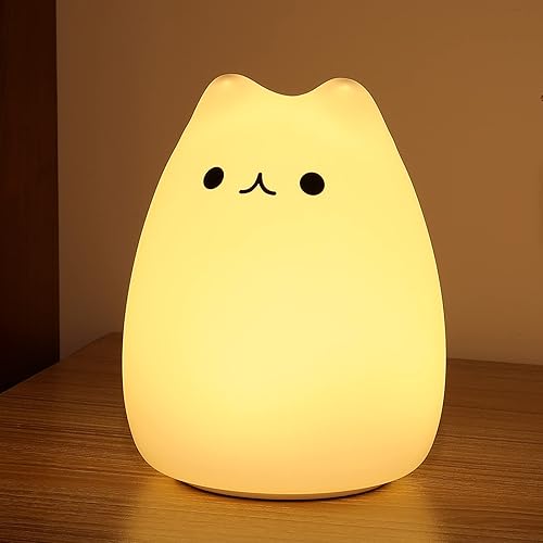 ZKLiLi Cat Night Light, Cute Cat Nursery Lights USB Rechargeable Nightlight Birthday Gift with Warm White and 7-Color Breathing Modes for Kids Baby Children