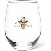 Abbott Collection Stemless Wine Glass with Jewelled Bee - Glass/Metal, Clear/Gold, 4.5" H (16oz)