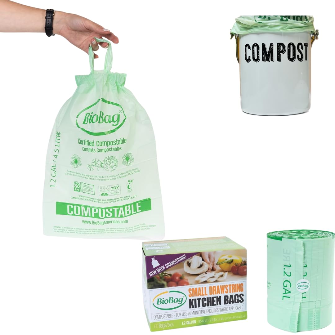 Photo 1 of 1.2 Gallon Compostable Drawstring Food Scrap Bags by BioBag, 80 Count, BPI Certified, Meets ASTM D6400 Standards, Made in USA, Kitchen Counter Bin Liners