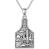 PROESS Cow Tag Necklace 925 Sterling Silver Mountain Pendant Cactus Necklace Western Cow Tag Jewelry Gifts for Women Men