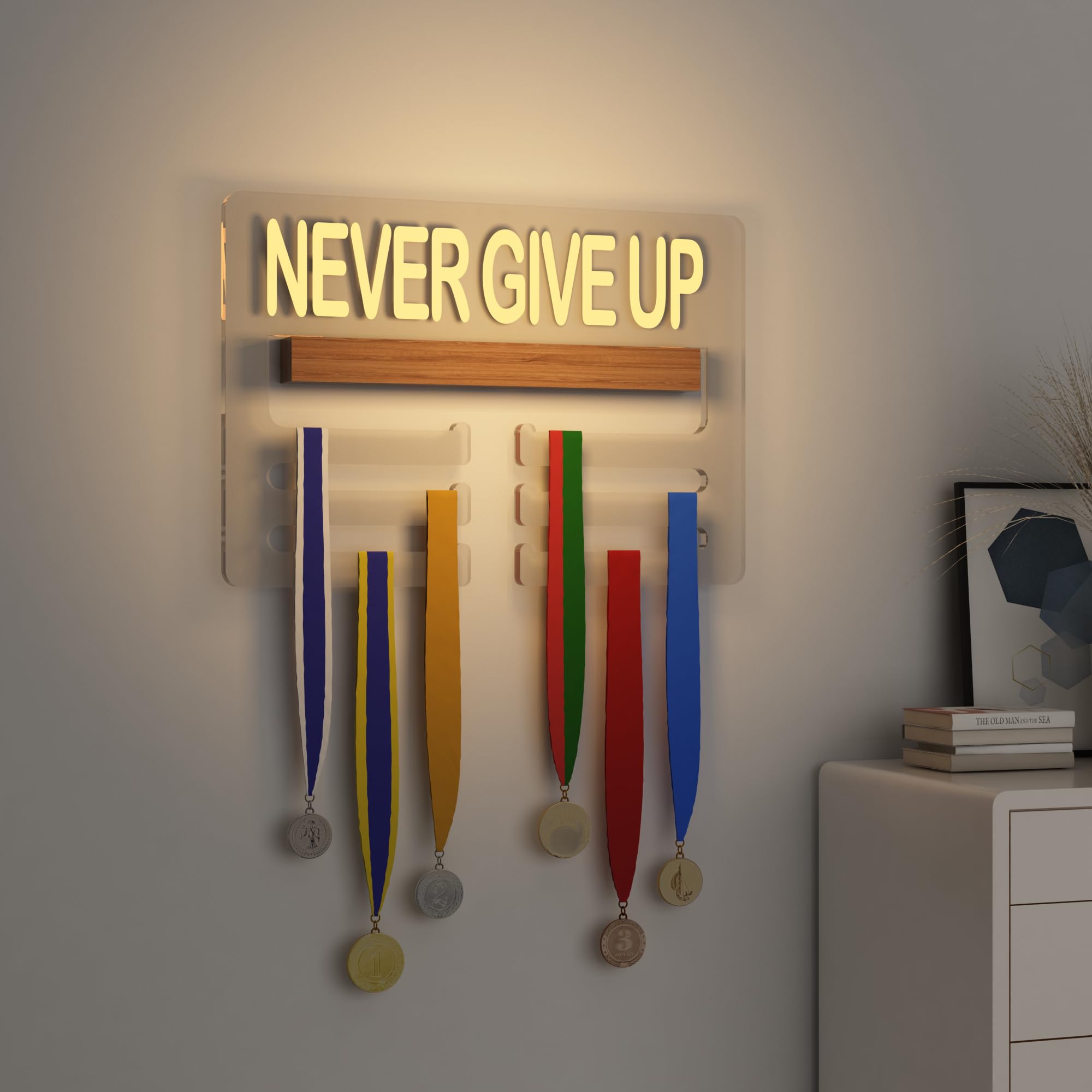Ammonite NEVER GIVE UP Light up Medal Hanger Display, Holder Rack for Awards or Ribbons, Sports Themed Ribbon Holder for Wall, Tiered Award Rack