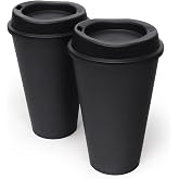 USA Made Reusable To Go Coffee Cups with Lids 16 oz, 2 Pack, Black | BPA Free, Hot or Cold Drinks, Dishwasher Safe, Stackable, Blank for DIY Designs, Office and Commute
