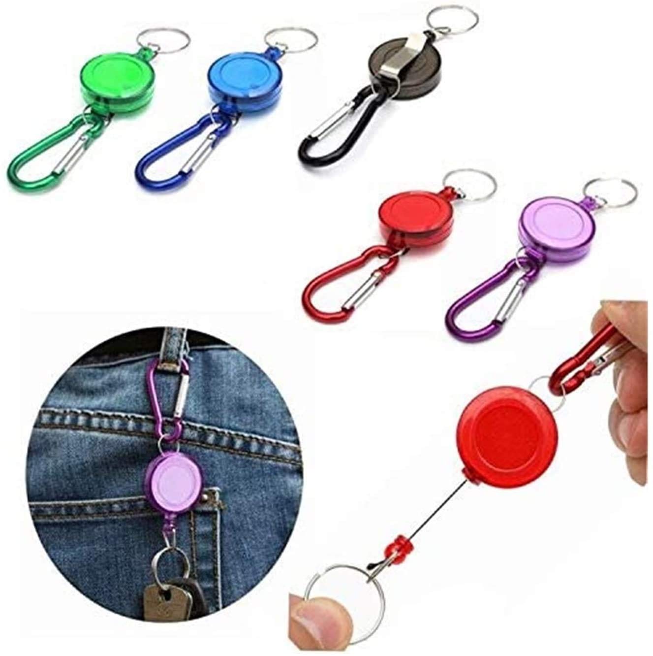 HUZIHI Retractable Keychain (Pack of 6) - Heavy Duty, Modern, Round, Carabiner Style, Blue, Green, White, Red, Black, Purple