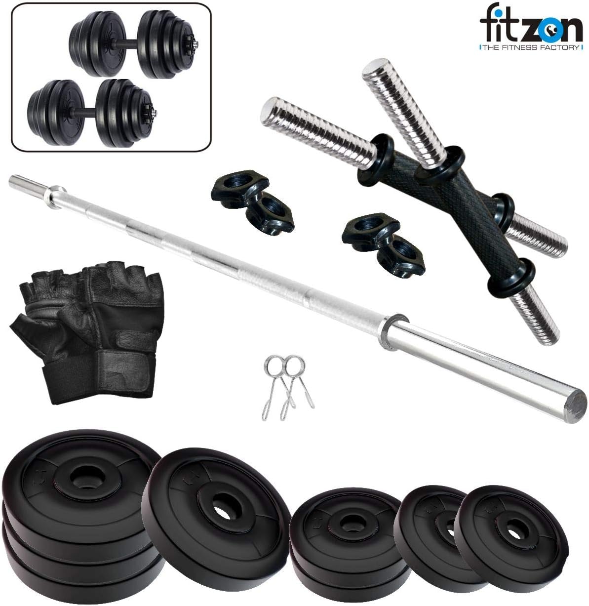 Fitzon PVC 16KG Combo 10-WB-SL Home Gym Set with ONE 4 FT Plain and ONE Pair Dumbbell RODS Comes with Home Gym Accessories