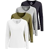 Real Essentials 4 Pack: Women's V-Neck Cotton Long-Sleeve T-Shirt (Available in Plus Size)