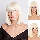 SeclitWu Blonde Wig With Bangs Short Bob Straight Wigs for Women Shoulder Length Blonde Natural Looking Synthetic Heat Resistant Fiber Wigs for Halloween Costumes Cosplay Daily Use(12 Inch)