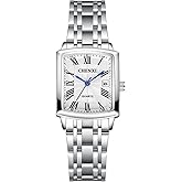 Lancardo Women Square Wrist Watch: Silver Tone Stainless Steel Analog Quartz Roman Numerals Calendar Dial Business Casual Watch for Lady Valentines Day
