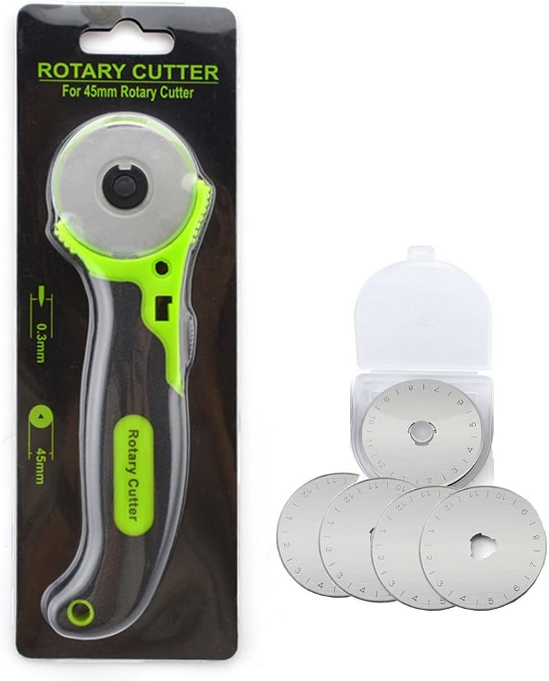 Ozkak Rotary Cutter 45 MM Fabric Paper cutter Rolling Rotating Cutting Knife with 5 Spare Blades for fabric art craft cloth DIY