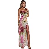 RARITYUS Women Sexy Open Back Tropical Floral Maxi Dress Beaded Chain Cowl Neck Side Slit Vacation Dress Party Dresses