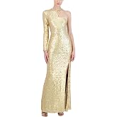 BCBGMAXAZRIA Womens Fit and Flare Floor Length Sequin Evening Gown One Long Sleeve Crew Neck Cut Out Side SlitDress