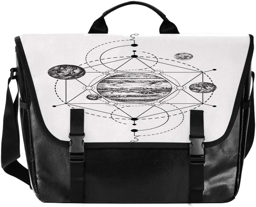 Messenger Bag Shoulder Briefcase Computer Laptop Bag,Artistic Monochrome Graphic with Planets and Dash Line Geometric Figures