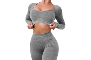 ABOCIW Workout Sets for Women Seamless Ribbed Sweetheart Neck Long Sleeve Crop Top Scrunch Butt High Wasit Legging Sets