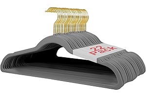 Wellong 22 Packs Velvet Clothes Hangers, 17.3 Inches Non-Slip Skirt Hangers, Dresses Hangers with Shoulder Notches, Space Saving Clothing Hangers for Adults Gray - Gold Hook