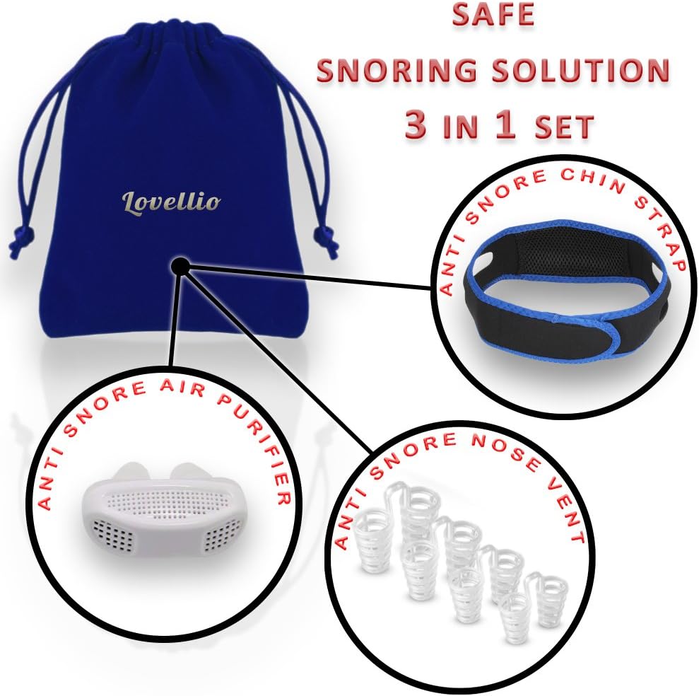 Lovellio Snore Stopper Kit – Safe anti snoring devices Set with 3 Natural Remedies – Anti Snore Nose Vent Aids, Adjustable Chin Strap Guard & Wearable Air Purifier Device Value Pack