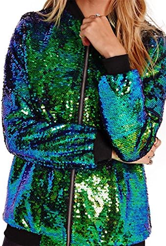 Haijie Womens's Sparkle Sequin Zipper Bomber Jacket.