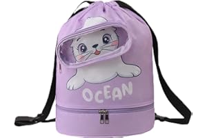 Dlhbafuya Dry Wet Swim Backpack For Swimmers,Sports Swim Backpack,Waterproof Draw String Sackpack,Cute Cartoon Animals Swim Bag Sports Backpack light purple.