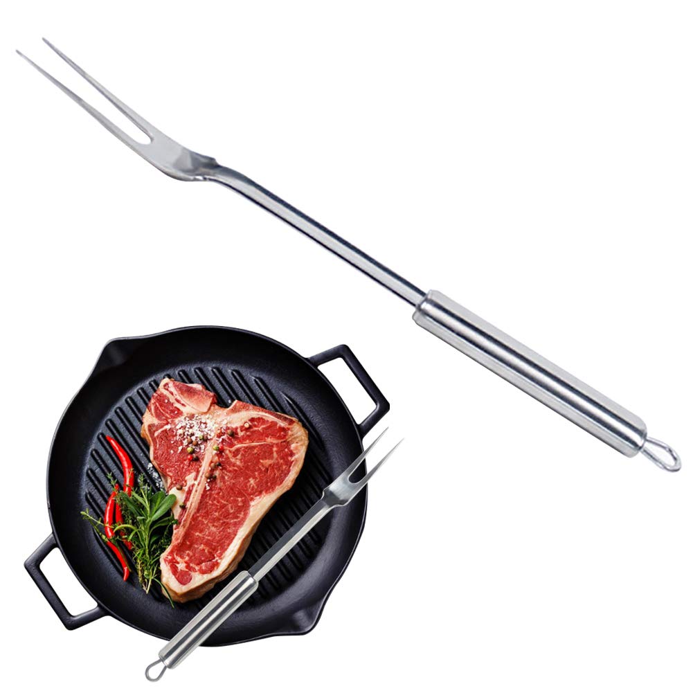 Stainless steel grill fork with oval handle. Long handle barbecue fork with hanging ring harness can be washed in the dishwasher. Can be used in the kitchen, restaurant and field activities.