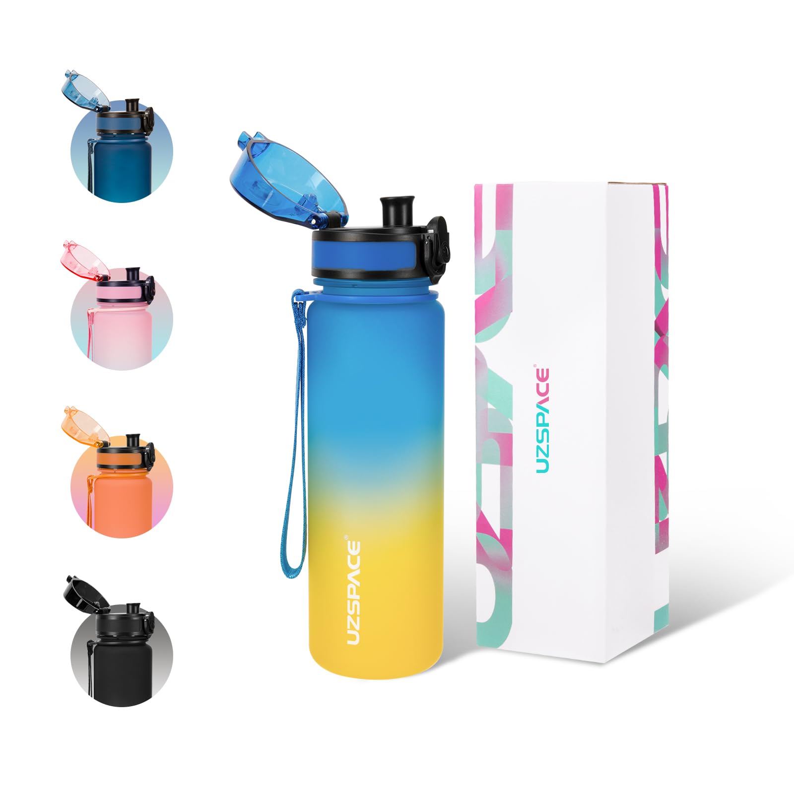 UZSPACE Water Bottle Kids with Strainer - BPA Free Drinking Bottles for Adults - Sports Water Bottle 500ml with Capacity Scale - Daily Water Intake Bottle for School or Fitness Blue & Yellow